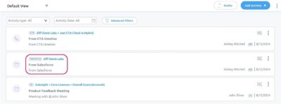 A screenshot of a software interface highlights a default view with a list of aligned activities. Entries like "Ziff-Davis Labs" and "Product Feedback Meeting" demonstrate AI integration, showcasing sources such as Salesforce, linked to users including Ashley Mitchell, dated 8/12/2024.