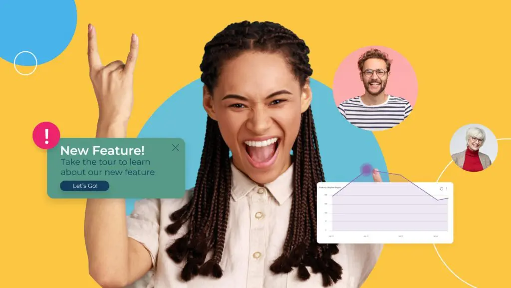 A joyful person with braids makes a rock sign, smiling against a yellow background. Text bubble reads, 