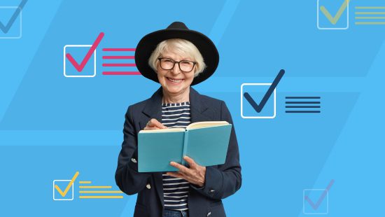An elderly person with glasses and a black hat smiles while holding an open blue book, eager to learn. The background, a vibrant blue adorned with colorful check marks and lines, suggests the dynamic energy of CS Ops Central.