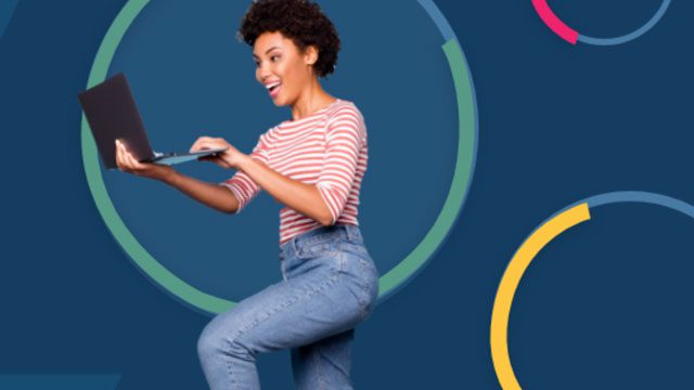 A person with curly hair stands excitedly, representing the CS Ops Team while holding a laptop. They wear a striped shirt and jeans. The blue background is adorned with colorful semicircles, adding a touch of vibrancy to their professional aura.
