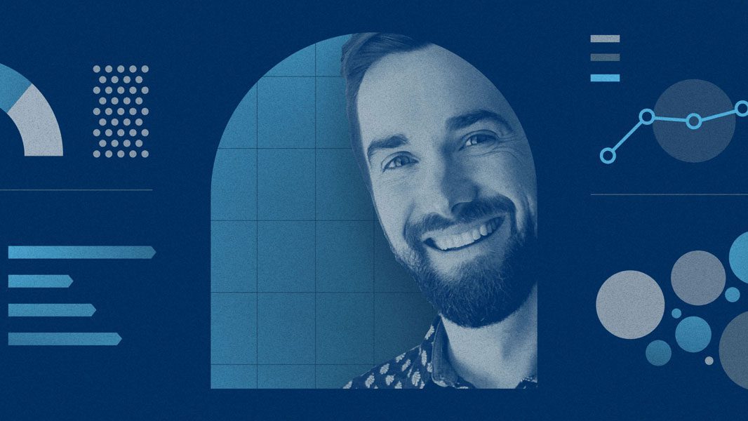 A smiling Seth Wylie is featured in a blue-toned image, surrounded by abstract graphs and charts. The background, full of line graphs and pie segments, hints at data analytics—a visual invitation to join the CS Ops Team's operations.