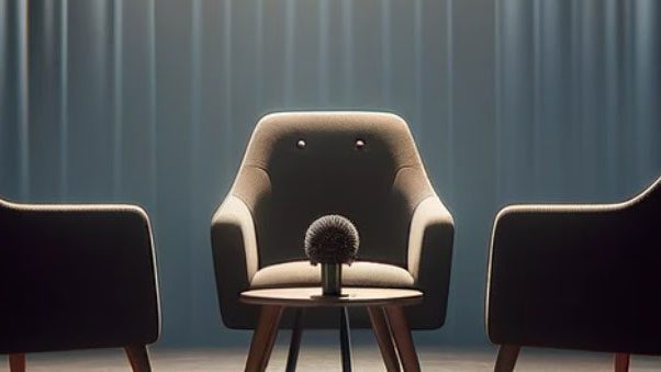 A modern interview setup with three dark armchairs positioned around a small table and a microphone, ideal for discussing CS Ops Central strategies. The backdrop of a blue curtain adds to the neutral and professional ambiance.