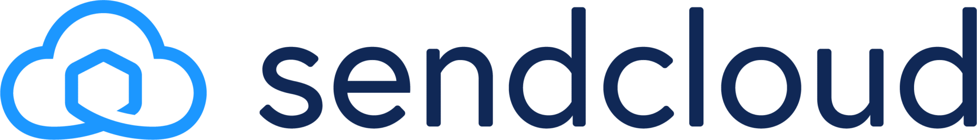 Logo for Sendcloud featuring an abstract cloud design in blue on the left and the company name 