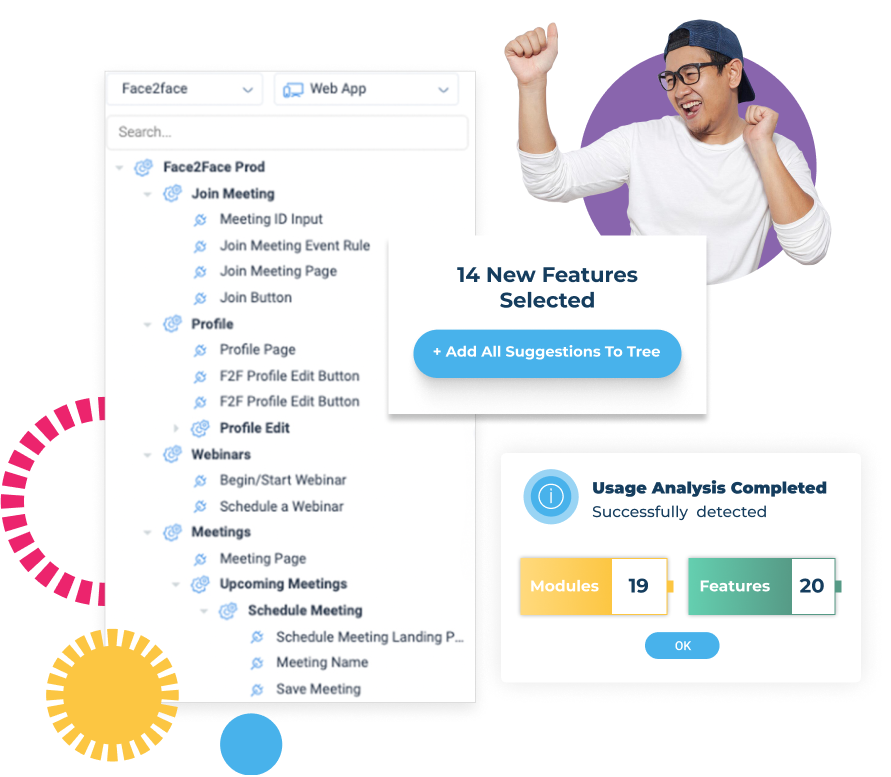 A celebratory person in a cap appears beside a software interface, part of a robust product analytics tool, displaying "14 New Features Selected" and "Usage Analysis Completed." Colorful shapes adorn the background as module and feature counts are prominently noted.