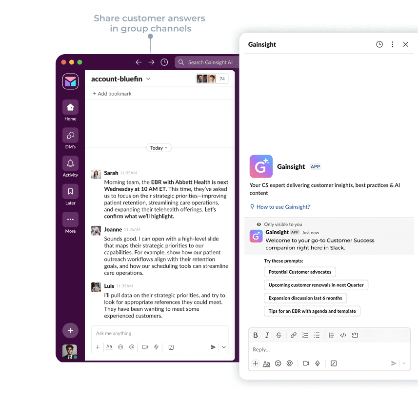 Screenshot of a team communication app with a conversation among colleagues on strategic priorities. Next to it, a window displaying a tech support chat with Gainsight AI, offering immediate solutions and articles on customer insights.