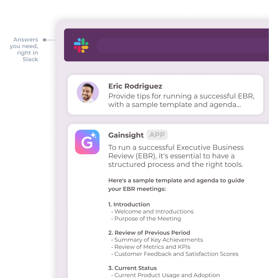 Illustration of a Slack interface showing a conversation between Eric Rodriguez and the Gainsight app. Eric provides tips on running a successful Executive Business Review (EBR). Gainsight shares a sample EBR agenda with multiple sections.