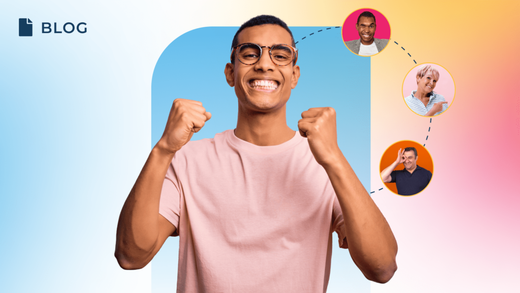 A smiling person in a pink shirt and glasses raises both fists in excitement. Behind them, a dotted line connects three circular photos of diverse individuals, each with different expressions, symbolizing the seamless AI-driven Sales-to-CS handoff. The word 