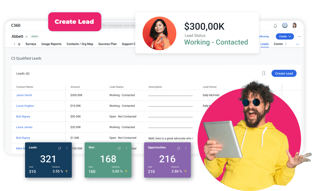 A man in a yellow hoodie excitedly holds a tablet displaying a CRM dashboard titled "C360," highlighting revenue optimization with a $300K deal status. Colorful info cards illustrate leads, won deals, and opportunities statistics, offering insights for strategic growth.