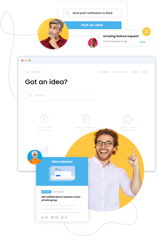 A collage of a user interface with the text "Got an idea?", showcasing social media notifications and diverse people in circular frames. One person looks thoughtful, another excitedly points upward, embodying ideation. A notification states, "Amazing product feature request!".