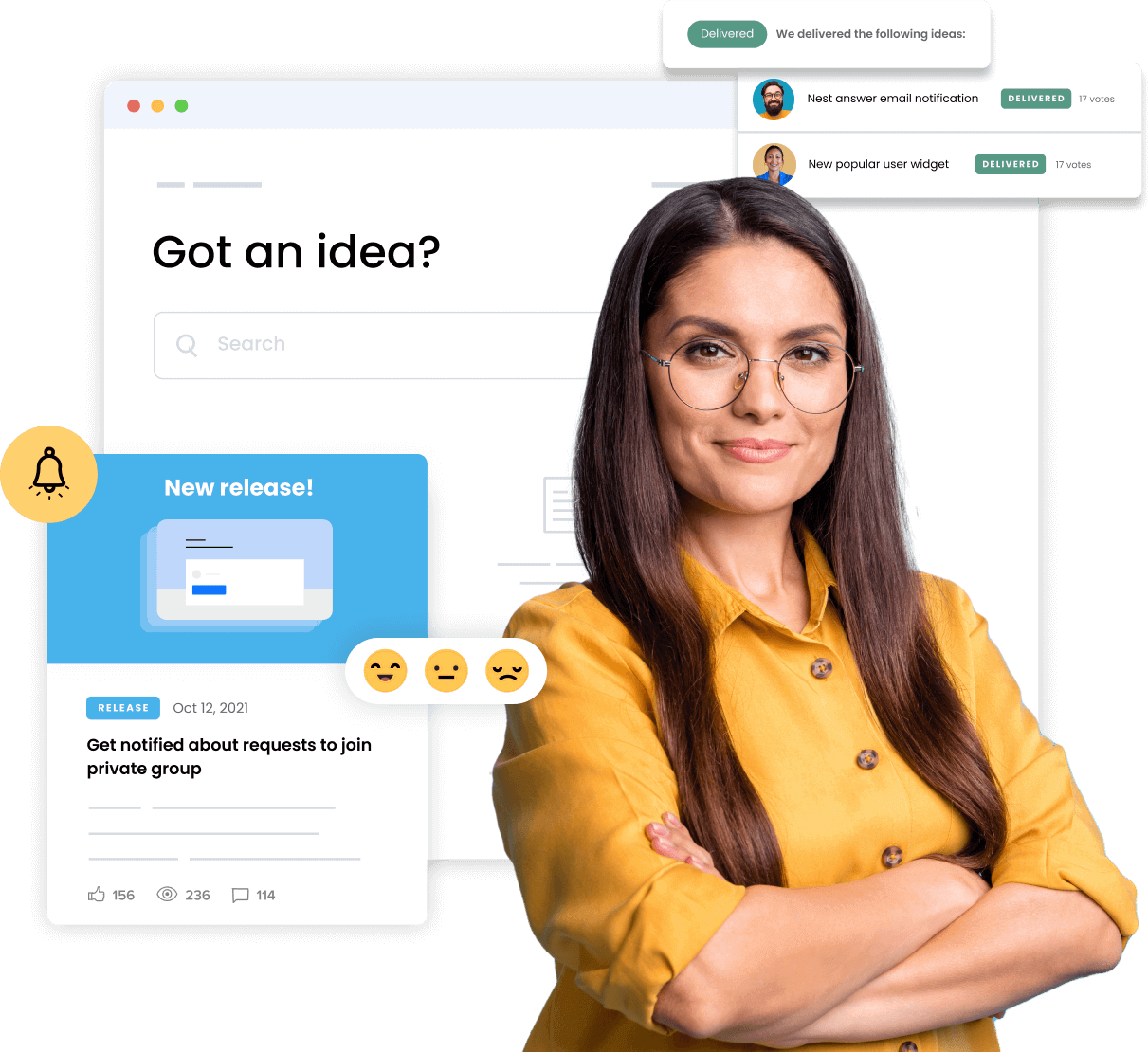 A woman in a yellow shirt stands confidently with folded arms. Behind her are digital elements signaling product ideation: a notification bell, a "New release!" card, and two delivered messages. A search bar and three emoji reactions punctuate this innovative scene.
