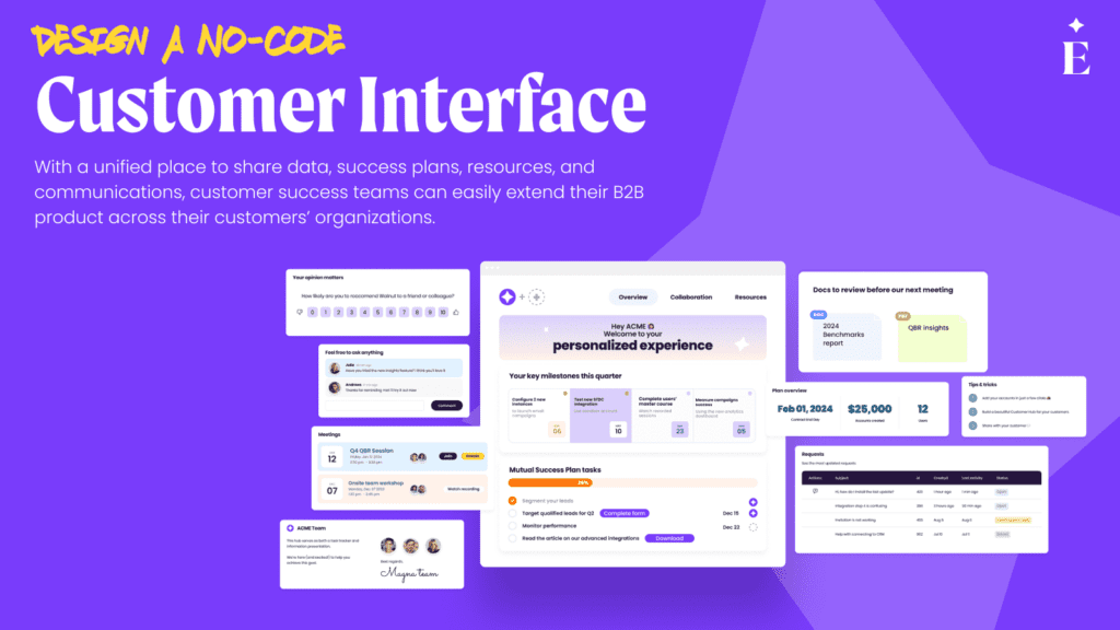 Purple-themed graphic promoting a no-code customer interface platform. Features screenshots of dashboards, charts, and timelines with text highlighting benefits for B2B customer success teams, such as sharing data, success plans, and resources seamlessly.