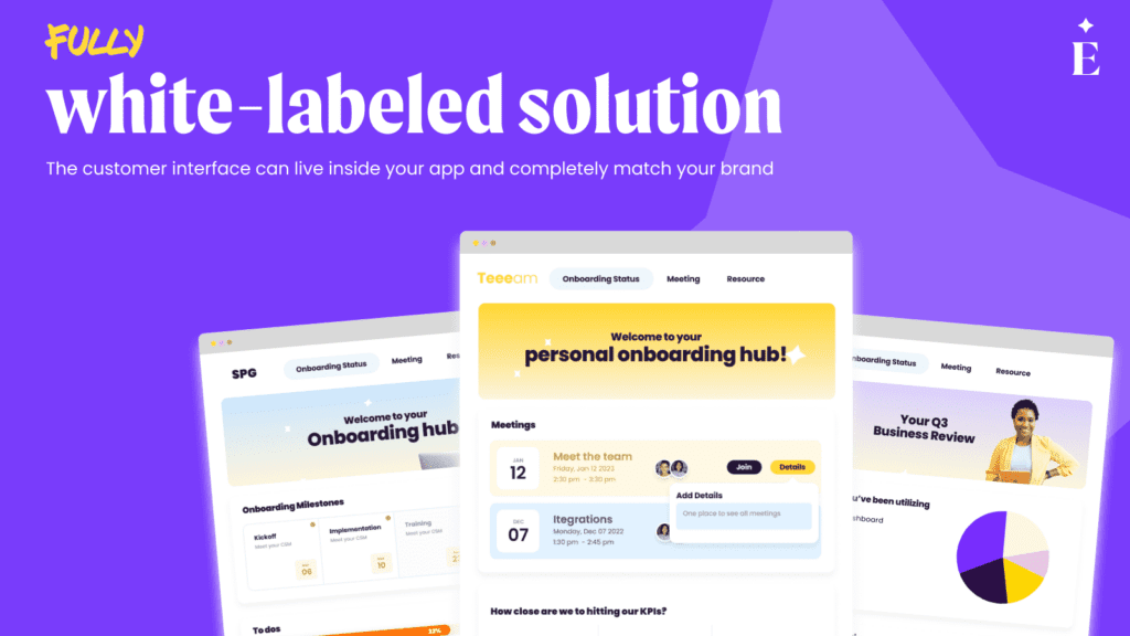 Three software interface mockups on a purple background showcasing a personalized onboarding hub. The text highlights a 