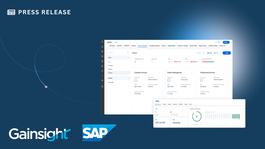 A digital image features logos of Gainsight and SAP on a blue background labeled 