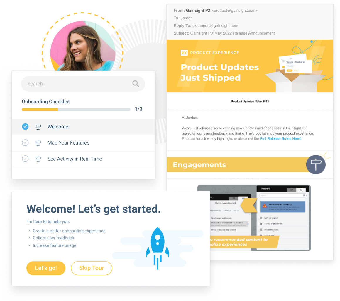 A collage of interface screenshots from Gainsight PX showcases an onboarding checklist, a welcome message with a rocket icon, an email about product updates, and engagement analytics charts. A woman with long hair and a colorful overlay in the top left corner captures the essence of enhancing the user experience.