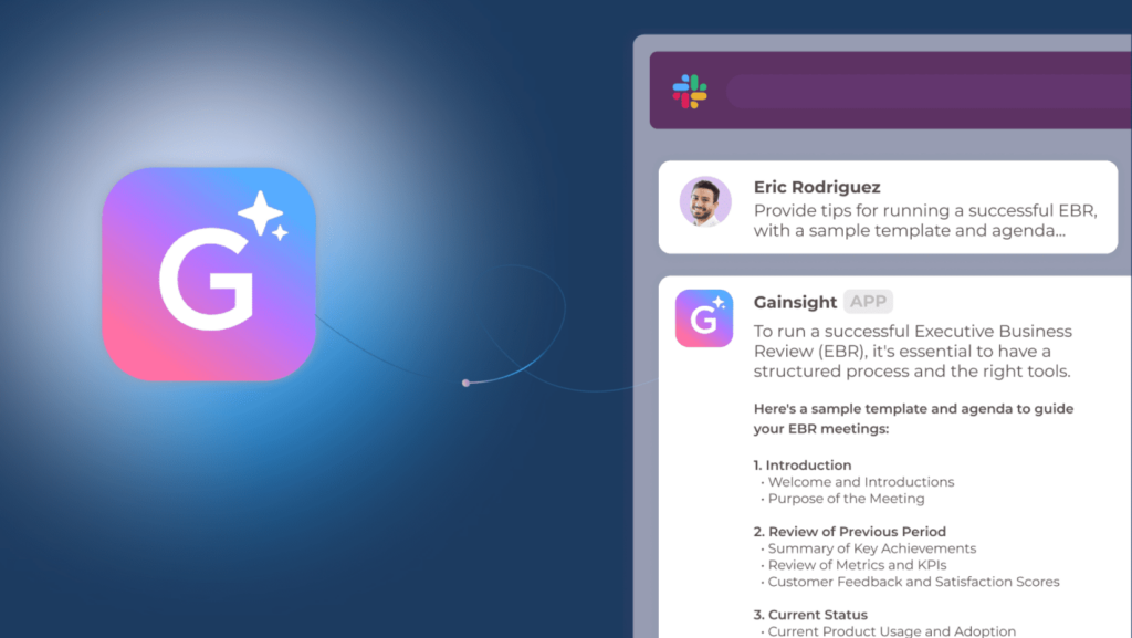 A digital illustration features the Gainsight app icon on the left. On the right, a chat interface includes messages from Eric Rodriguez and Gainsight, using AI agents to discuss Customer Insights for a structured agenda in Executive Business Review meetings.