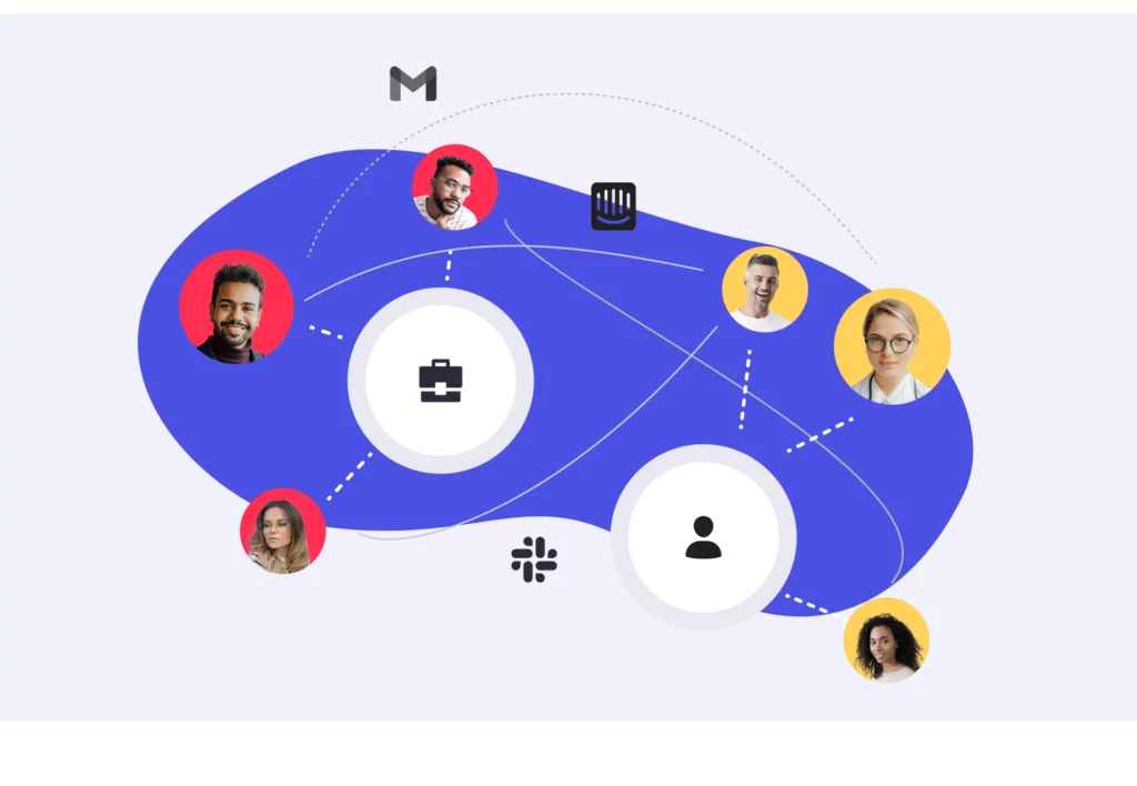 An illustration of a network showcasing six diverse user profile photos connected by white and blue circles, with icons for a briefcase and person, symbolizing collaboration. Various tech-related icons are included, hinting at B2B growth and customer intelligence on a business or team platform.